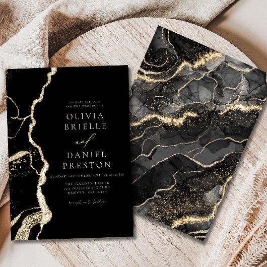 Invitation Mariage moderne Black Gold Agate Elegant