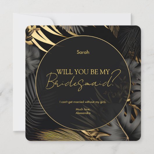Invitation Mariage moderne Black Gold Tropical Bridesmaid (Devant)