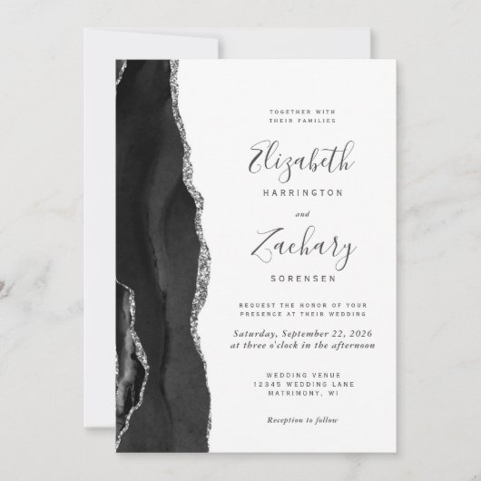 Invitation Mariage moderne Black Silver Agate (Devant)