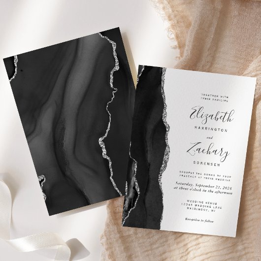 Invitation Mariage moderne Black Silver Agate