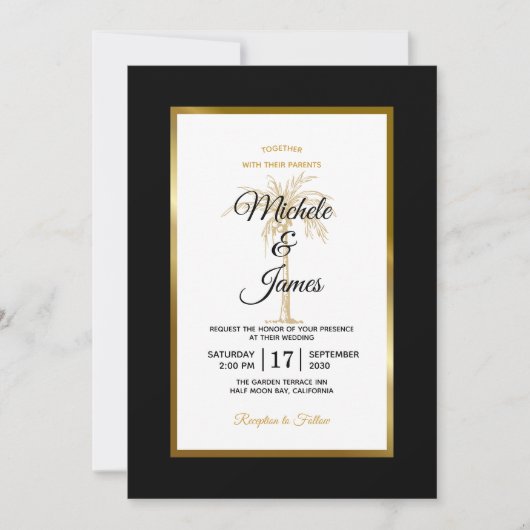Invitation Mariage moderne Black White Gold Palm Tree (Devant)