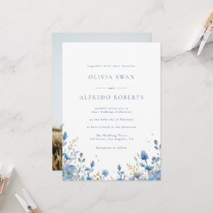 Invitation Mariage Moderne Blanc Bleu Floral Avec Photo