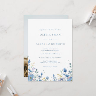 Invitation Mariage Moderne Blanc Bleu Floral Avec Photo