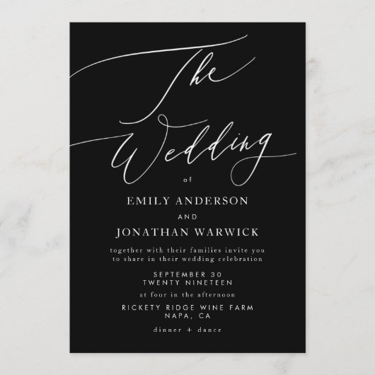 Invitation Mariage moderne blanc et noir simple (Devant)