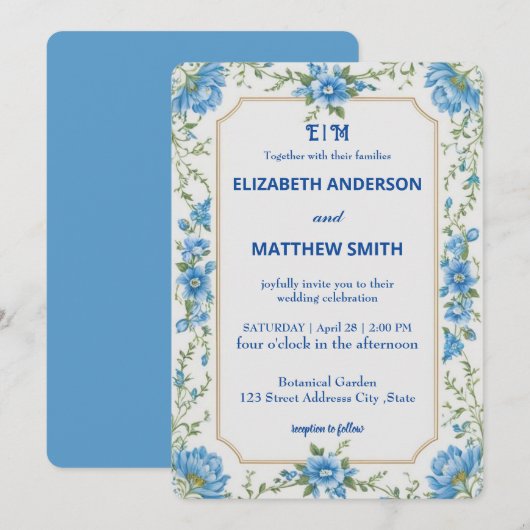 Invitation Mariage moderne bleu & blanc de superposition fleu (Devant / Derrière)