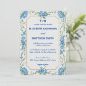 Invitation Mariage moderne bleu & blanc de superposition fleu (Debout devant)