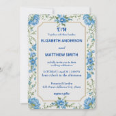 Invitation Mariage moderne bleu & blanc de superposition fleu (Devant)