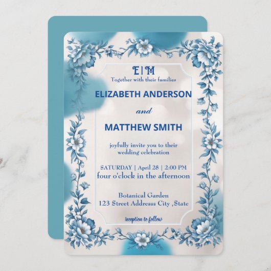Invitation Mariage moderne bleu & blanc de superposition fleu (Devant / Derrière)