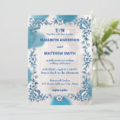 Invitation Mariage moderne bleu & blanc de superposition fleu (Debout devant)