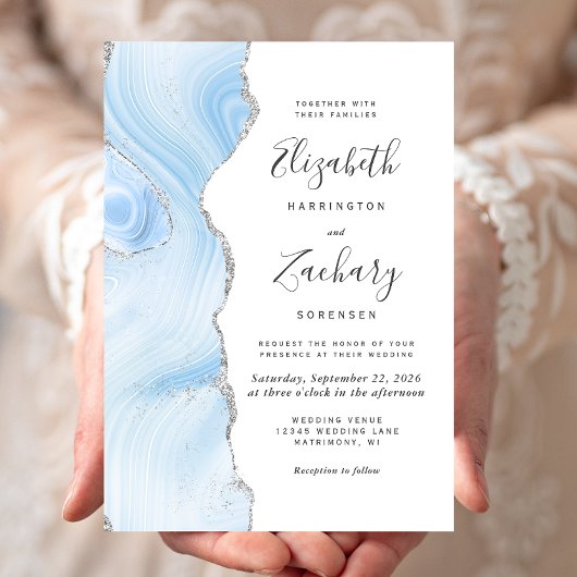 Invitation Mariage moderne Bleu Bleu Argent Agate