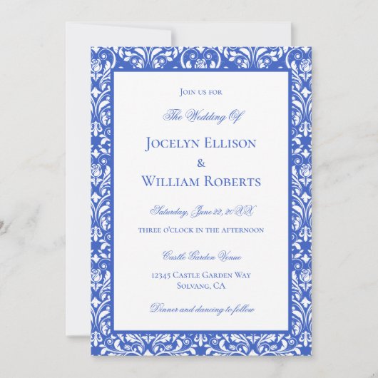 Invitation Mariage Moderne Bleu Et Blanc Damassé (Devant)