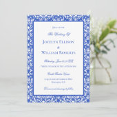 Invitation Mariage Moderne Bleu Et Blanc Damassé (Debout devant)