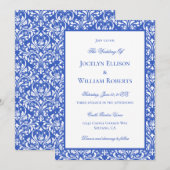 Invitation Mariage Moderne Bleu Et Blanc Damassé (Devant / Derrière)