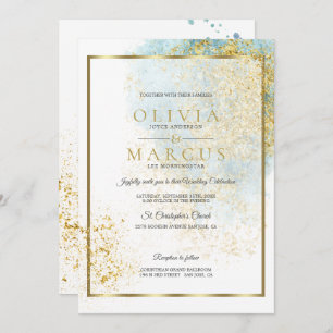 Invitation Mariage Moderne Bleu et or Aquarelle Splash