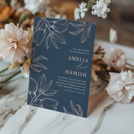 Invitation Mariage Moderne Bleu et Or Rose Foliage