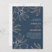 Invitation Mariage Moderne Bleu et Or Rose Foliage (Devant)