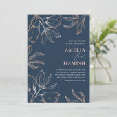 Invitation Mariage Moderne Bleu et Or Rose Foliage (Debout devant)