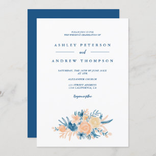 Invitation Mariage moderne bleu floral aquarelle chic