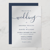 Invitation Mariage moderne bleu marine et argent (Devant / Derrière)