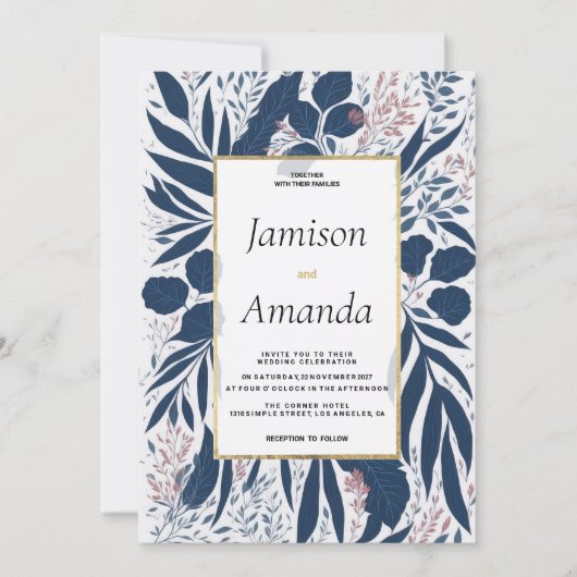 Invitation Mariage moderne bleu marine poussiéreux rose rose (Devant)