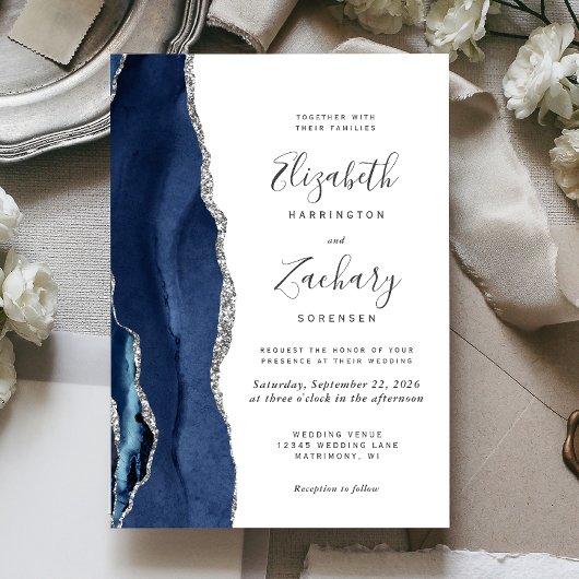 Invitation Mariage Moderne Bleu Nuit Agate Argent