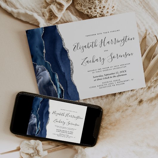 Invitation Mariage Moderne Bleu Nuit Agate Argent