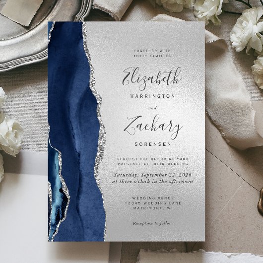 Invitation Mariage Moderne Bleu Nuit Agate Argent