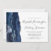 Invitation Mariage Moderne Bleu Nuit Agate Argent (Devant)