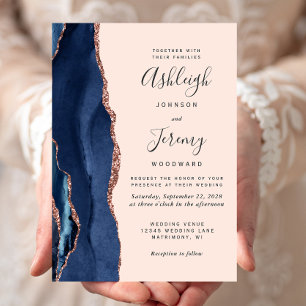 Invitation Mariage Moderne Bleu Nuit Agate Rose Doré Blush