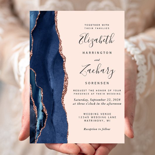 Invitation Mariage Moderne Bleu Nuit Agate Rose Doré Blush
