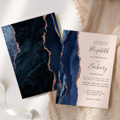 Invitation Mariage Moderne Bleu Nuit Agate Rose Doré Blush