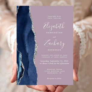 Invitation Mariage Moderne Bleu Nuit Argent Agate Mauve