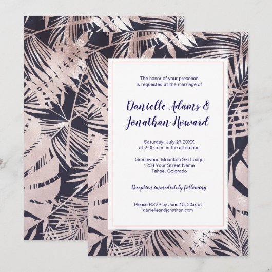 Invitation Mariage Moderne Bleu Nuit avec Superposition de Fe (Devant / Derrière)