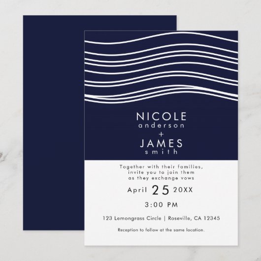 Invitation Mariage Moderne Bleu Nuit et Vague Blanche (Devant / Derrière)