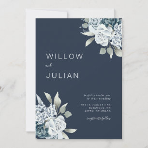 Invitation Mariage Moderne Bleu Nuit Floral Aquarelle