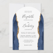 Invitation Mariage Moderne Bleu Nuit Or Agate Arche (Devant)