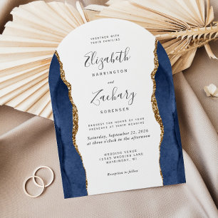 Invitation Mariage Moderne Bleu Nuit Or Agate Arche