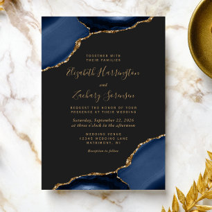 Invitation Mariage Moderne Bleu Nuit Or Agate Coins Sombres