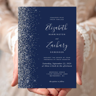 Invitation Mariage Moderne Bleu Nuit Paillettes Argentées sur