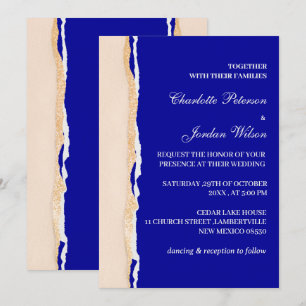 Invitation Mariage Moderne Bleu Royal et Or Rose