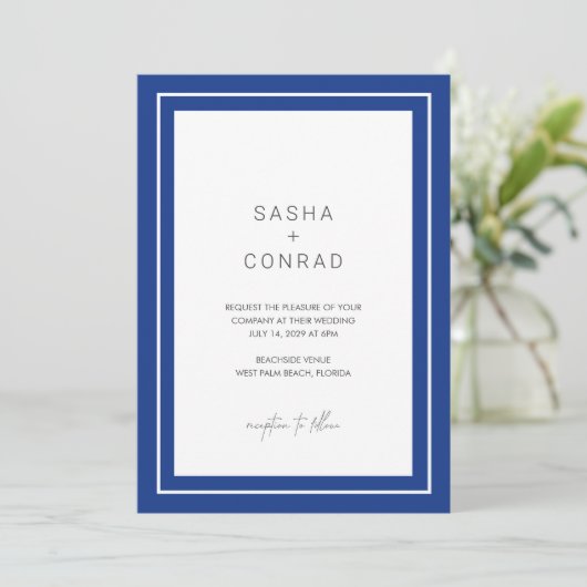 Invitation Mariage Moderne Bleu Saphir avec Bordure Gras (Debout devant)
