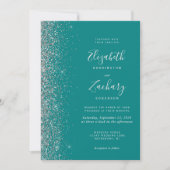 Invitation Mariage Moderne Bleu Turquoise Paillettes Argentée (Devant)