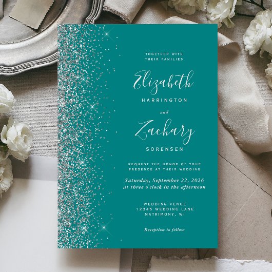 Invitation Mariage Moderne Bleu Turquoise Paillettes Argentée