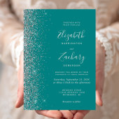 Invitation Mariage Moderne Bleu Turquoise Paillettes Argentée