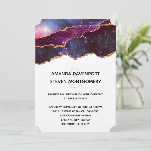 Invitation Mariage Moderne Bleu & Violet Espace & Étoiles (Debout devant)