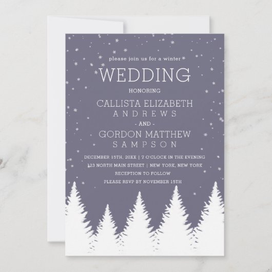 Invitation Mariage moderne Blue Falling Snow Winter Trees (Devant)