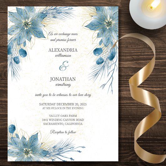 Invitation Mariage moderne Blue & Gold Poinsettia