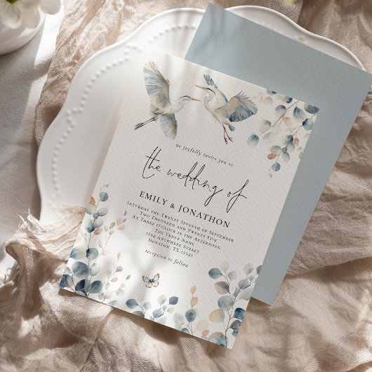 Invitation Mariage moderne Blue Heron Pastel Foliage