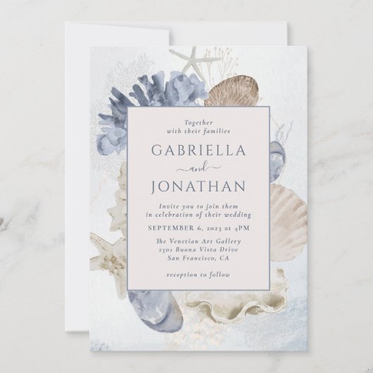 Invitation Mariage moderne Blue Marine Coral Seashs (Devant)