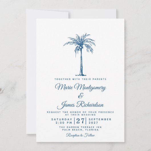 Invitation Mariage moderne Blue Palm Plage tropicale (Devant)
